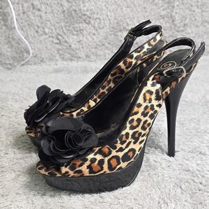 VTG Dollhouse Platform Peep Toe Leopard Black Flower Slingback Heels Sz 6.5-7